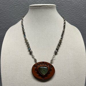 Labradorite Sterling Silver Necklace Tooled Leather Labradorite Inlay Pendant